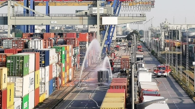 Die Feuerwehr kühlt im Mannheimer Hafen den Container, der mit 200 Fässern Hydrosulfit gefüllt ist. (Foto: Dieter Leder/dpa)