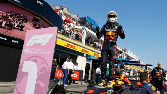 Max Verstappen feiert auf seinem Rennwagen stehend seinen Sieg. (Foto: Eric Gaillard/Pool Reuters/AP/dpa)