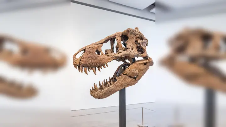 Der T-Rex-Schädel ist bei einer Auktion in New York für rund sechs Millionen Dollar (etwa 5,7 Millionen Euro) versteigert worden. (Foto: -/Sotheby's/dpa)