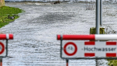 Ein Schild mit der Aufschrift „Hochwasser” steht an der Donau. (Foto: Marius Bulling/dpa)