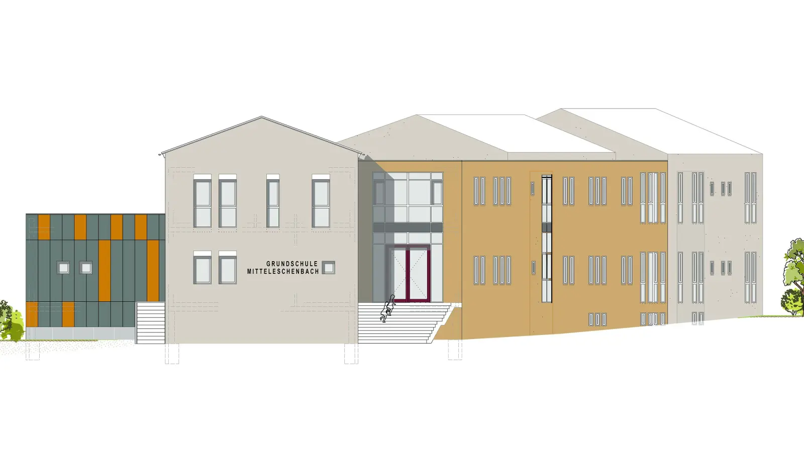 Die Grundschule Mitteleschenbach wird größer: Das bestehende Gebäude wird um einen Neubau ergänzt. Fertig sein soll das Projekt in zweieinhalb bis drei Jahren. (Grafik: Architekturwerkstatt Gerbing)