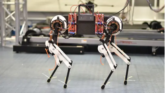 An dem vierbeinigen Roboter-Hund Morti simulieren Forscher, wie Tiere nach und nach flüssige Bewegungen erlernen. (Foto: Felix Ruppert/DLG Forschungsgruppe am MPI-IS/dpa)