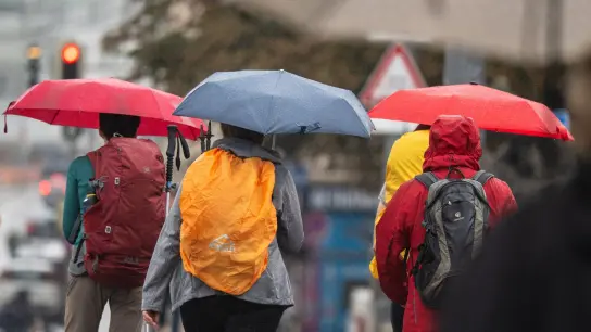 Menschen schützen sich bei Regen mit ihren Schirmen. (Foto: Peter Kneffel/dpa/Symbolbild)