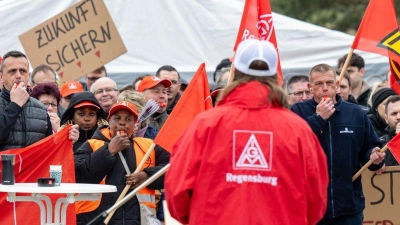 Zahlreiche streikende Mitarbeiter nehmen an einer Kundgebung der IG-Metall teil. (Foto: Armin Weigel/dpa)