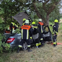  Ein 63-jähriger Mann ist in einer Rechtskurve mit seinem PKW nach links von der Fahrbahn abgekommen und gegen zwei Bäume geprallt.  (Foto: Rainer Weiskirchen)