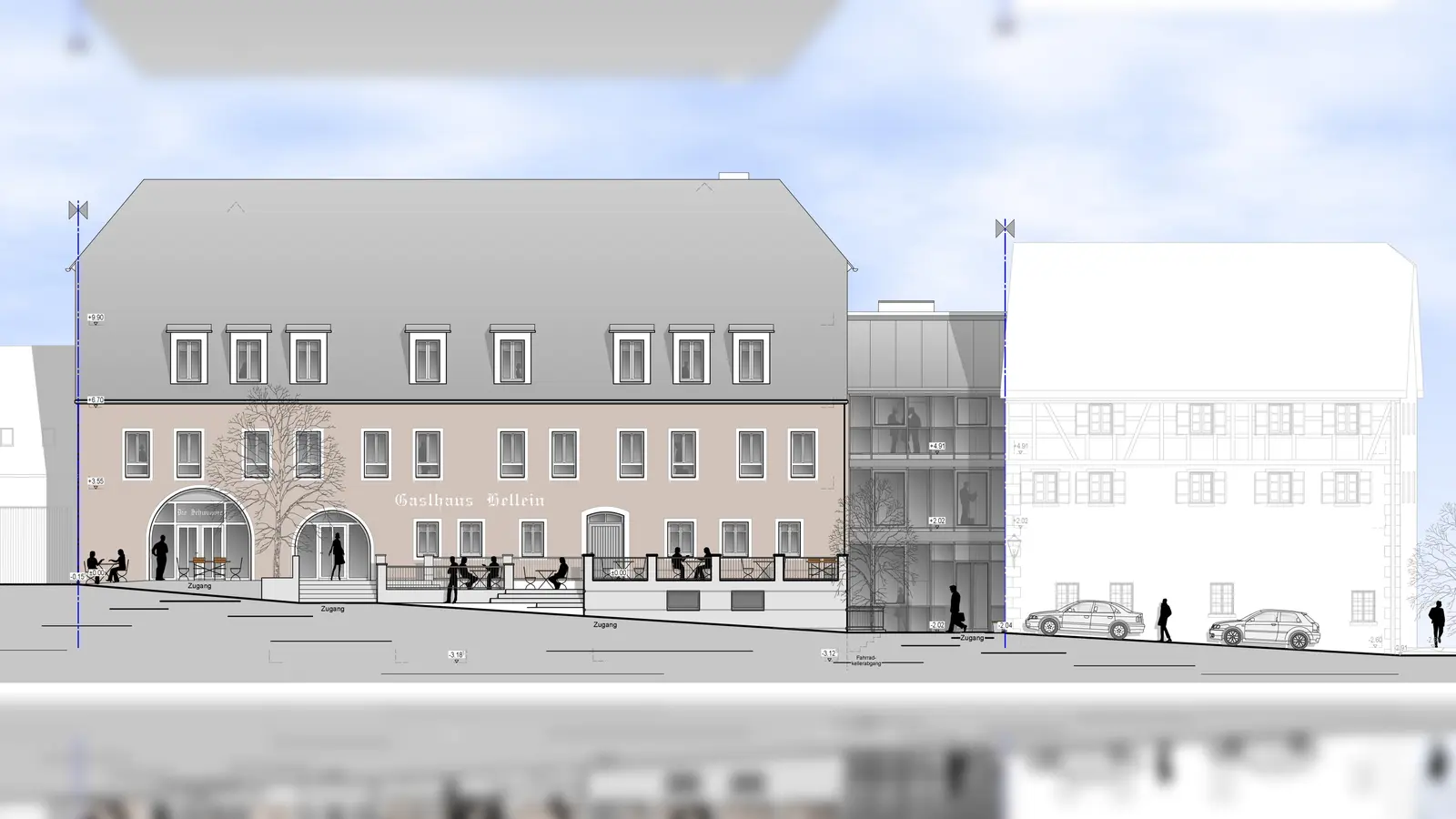 So soll der fertige Bau vom Marktplatz aus einmal aussehen: links der Gasthof, das helle Gebäude rechts ist das bestehende Rathaus und dazwischen gibt es einen Verbindungsbau, der die Verwaltung endlich barrierefrei erreichbar macht. (Grafik: Hochreiter und Lechner)