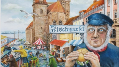 Was wäre wenn? Wenn Franken am Meer liegen würde? Henrike Eckhardt malt es sich aus: „Ansbacher Fischmarkt” heißt ihr Bild. (Foto: Martina Kramer)