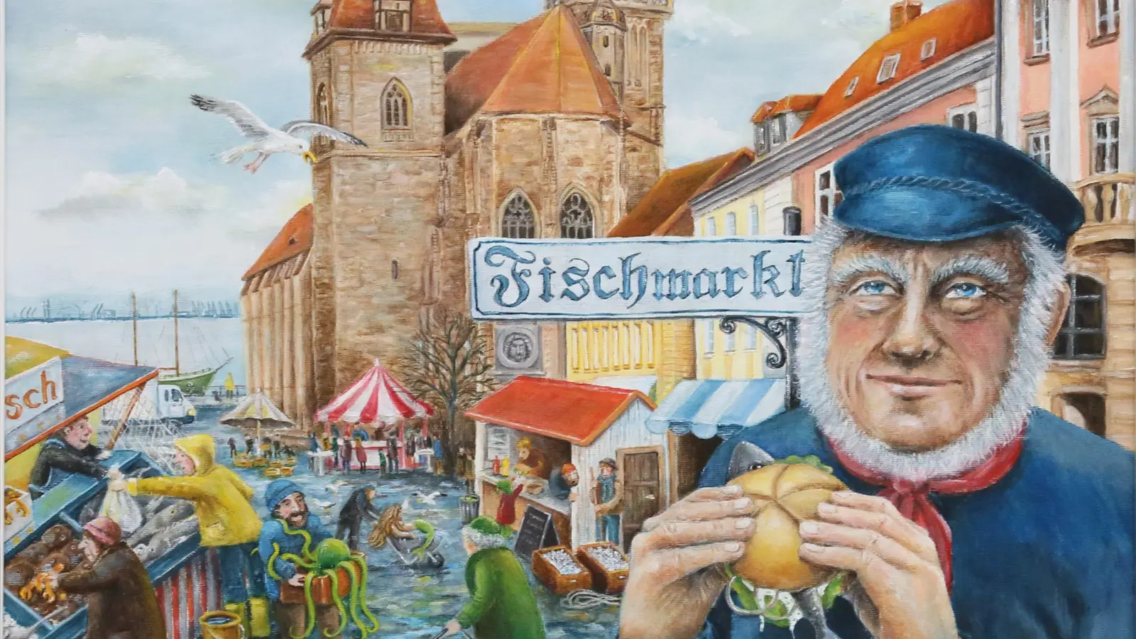 Was wäre wenn? Wenn Franken am Meer liegen würde? Henrike Eckhardt malt es sich aus: „Ansbacher Fischmarkt” heißt ihr Bild. (Foto: Martina Kramer)