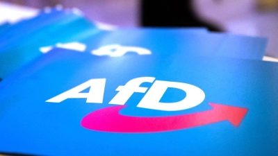 Fähnchen mit dem Logo der AfD liegen auf einem Tisch. (Foto: Daniel Karmann/dpa)