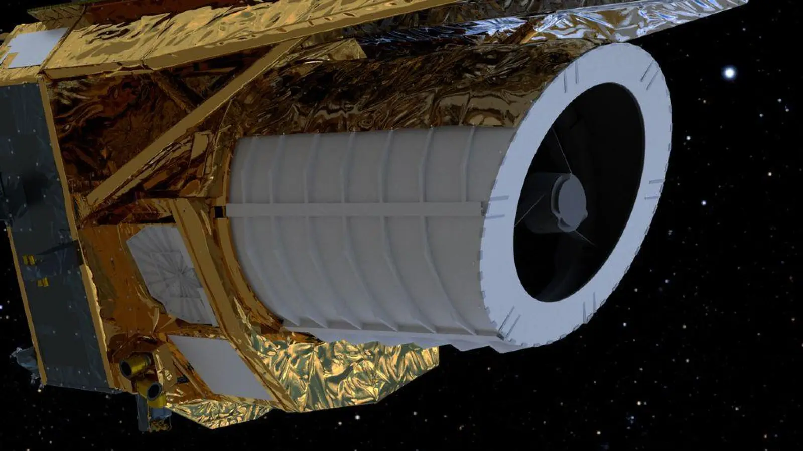 Ein computergeneriertes Bild des Weltraumteleskops „Euclid“. Um die Sicht zu verbessern, muss sie nun enteist werden. (Foto: --/ATG/ESA/dpa)