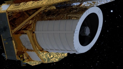 Ein computergeneriertes Bild des Weltraumteleskops „Euclid“. Um die Sicht zu verbessern, muss sie nun enteist werden. (Foto: --/ATG/ESA/dpa)