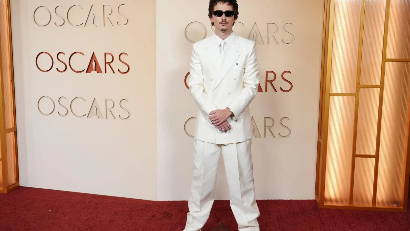 Timothée Chalamet posiert mit Sonnenbrille bei den Oscars 2026. (Foto: Jordan Strauss/Invision/AP/dpa)