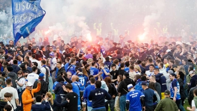 Darmstadts Fans feiern im Stadion am Böllenfalltor den Aufstieg in die Bundesliga. (Foto: Uwe Anspach/dpa)