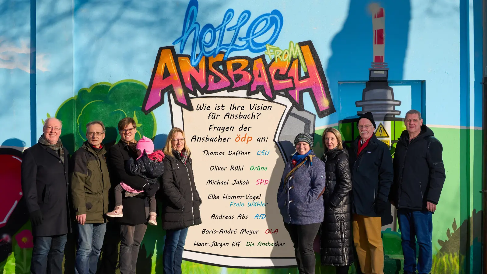 Welche Visionen für Ansbach haben die OB-Kandidierenden? Das fragen Vertreterinnen und Vertreter der ÖDP (von links): Martin Berberich, Dr. Franz Hitzelsberger, Dr. Bastian Seifert, Sandra Carle-Wolf, Esther Wolf, Julia Dell, Friedmann Seiler und Stephan Wolf. (Fotomontage: ÖDP/Johannes Hoyer)