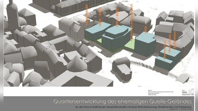 Ein Innenstadt-Quartier in unmittelbarer Nähe zum Herrieder Tor (links): Die Geschäftshäuser an der Ecke zur Maximilianstraße bleiben stehen, an die Stelle der Hallen und des alten Parkhauses treten vier moderne Wohn- und Bürohäuser. (Grafik: Firma Högner Beraten-Planen Gesamtplanung GmbH)