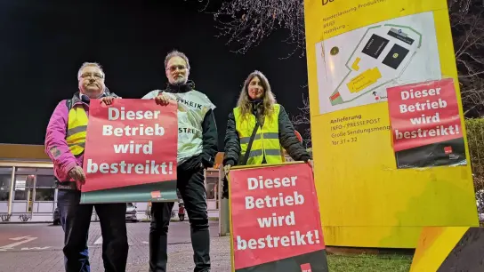 Streikende halten vor einem Verteilerzentrum der Post in Hamburg Plakate. Die Gewerkschaft Verdi hat zu einem bundesweiten Warnstreik bei der Post aufgerufen. (Foto: Steven Hutchings/TNN/dpa)