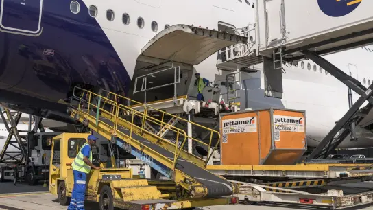 Mitarbeiter von Fraport verladen auf dem Flughafen Frankfurt eine Box in einen Airbus A380. (Foto: Silas Stein/dpa)