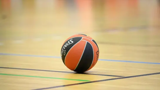 Ein Ball liegt auf einem Basketball-Spielfeld. (Foto: Soeren Stache/dpa-Zentralbild/dpa/Symbolbild)