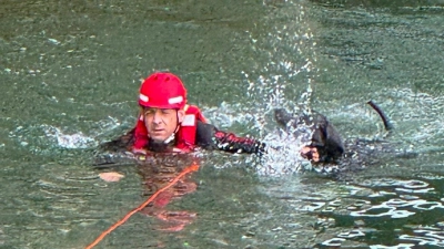 Ein speziell ausgebildeter Strömungsretter holte den verunglückten Vierbeiner aus dem Fluss. (Foto: -/Berufsfeuerwehr München/dpa)