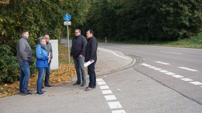 Auf eine mögliche Gefahr an der Einmündung nach Gerersdorf weist eine Gruppe um Anwohnerin Theresia Weiß (blaue Jacke) hin. Auch Bürgermeister Gerhard Rammler (rechts) kritisiert die Vorfahrtsregelung. (Foto: Andrea Walke)