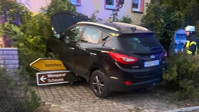 Endstation Vorgarten: In Reusch, einem Gemeindeteil von Weigenheim, fuhr am Sonntag ein Auto an eine Hauswand.  (Foto: Feuerwehr Reusch)