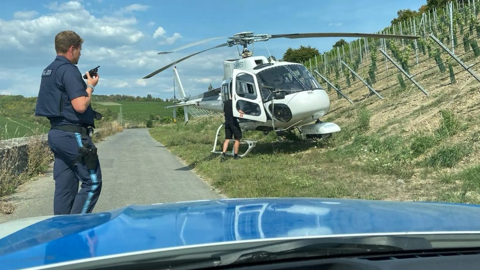 Ein ziviler Hubschrauber musste nach einem Maschinenschaden in den Würzburger Weinbergen landen. (Foto: Polizei Würzburg-Stadt/dpa)