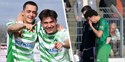 Freud und Leid in der Regionalliga: Der Neustädter Denis Pfaffenrot (links) jubelt mit Marin Hrgota im Fürther Trikot. Der Ansbacher Abdennour Rhani verletzte sich im Spiel gegen Würzburg schwer. (Foto: Wolfgang Zink, Martin Rügner)