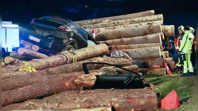 Der Pkw fuhr am Freitagabend in einen Holzstapel.  (Foto: Sabine Süß/Vifogra GmbH/dpa)