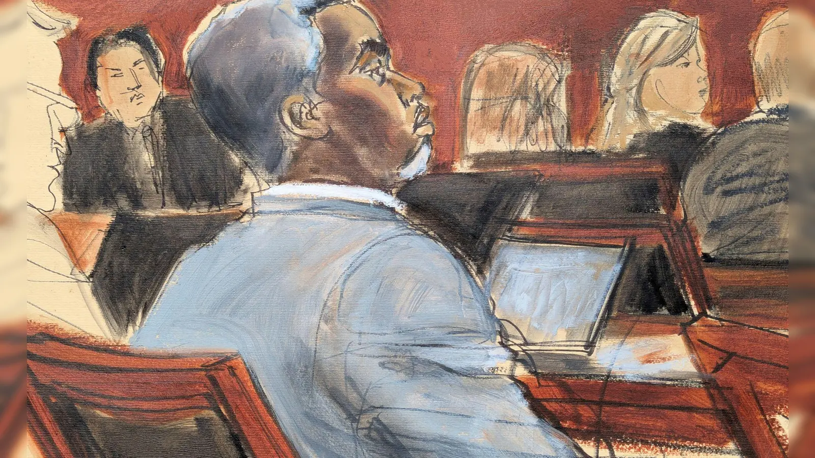 Die Gerichtszeichnung zeigt Sean „Diddy” Combs, der den Eröffnungsplädoyers am ersten Verhandlungstag vor dem Bundesgericht in Manhattan zuhört. Der Rapper steht wegen Vorwürfen von Sexualstraftaten vor Gericht. (zu dpa: «Anklage: Combs «nutzte Macht, Gewalt und Angst»») (Foto: Elizabeth Williams)