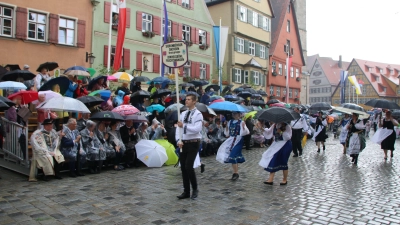 Im strömenden Regen waren im vergangenen Jahr die Gruppen des Trachtenumzugs, darunter auch die Kreisgruppe Dinkelsbühl-Feuchtwangen (Bild) der Siebenbürger Sachsen in der Dinkelsbühler Altstadt unterwegs. (Foto: Martina Haas)