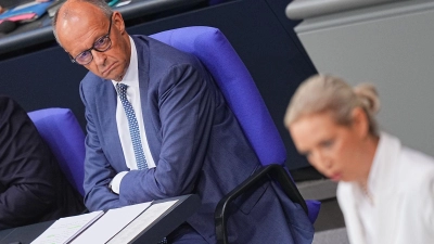 Es ist das erste Aufeinandertreffen von Merz und Weidel seit dem Erdrutschsieg der AfD in Sachsen-Anhalt. (Foto: Michael Kappeler/dpa)