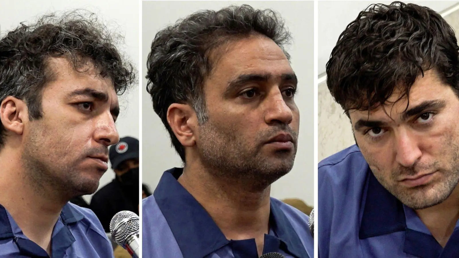 Saleh Mirhaschemi (l-r), Said Jakobi und Madschid Kasemi während ihrer Prozesse. Die Männer sind im Iran nach umstrittenen Prozessen hingerichtet worden. (Foto: Uncredited/Mizan News Agency/AP/dpa)