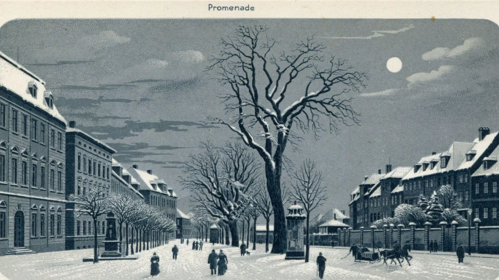 Tiefer Schnee auf der Promenade, ein Pferdeschlitten, der Vollmond am Himmel: Mit dieser romantischen Postkarte wurden einst Neujahrsgrüße verschickt.  (Repro: Sammlung Martin Schuster)