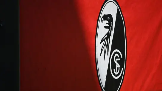 Das Logo des SC Freiburg ist auf einer Werbebande zu sehen. (Foto: Patrick Seeger/dpa)