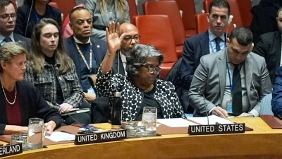 Die us-amerikanische UN-Botschafterin Linda Thomas-Greenfield (M) stimmt im Weltsicherheitsrat gegen einen Resolutionsentwurf für einen Waffenstillstand im Gazastreifen. (Foto: Seth Wenig/AP/dpa)