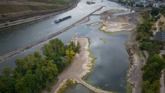 Riesige Sandbänke sind am Mäuseturm bei Bingen im Rhein sichtbar geworden. Sinken die Pegel weiter, droht die Schifffahrt zum Erliegen zu kommen. (Foto: Boris Roessler/dpa)