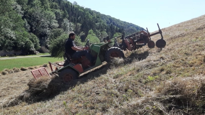 Ein moderner Bergmäher schafft Fläche. Trotzdem bleibt die Landschaftspflege im Taubertal und seinen Seitentälern mühsam und hart. Teilweise haben die Hänge 40 Prozent Steigung. (Foto: Dorothea Schindler/LPV Mittelfranken)