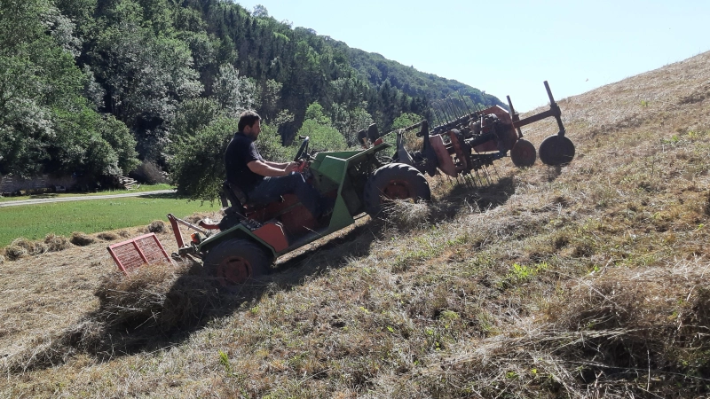 Ein moderner Bergmäher schafft Fläche. Trotzdem bleibt die Landschaftspflege im Taubertal und seinen Seitentälern mühsam und hart. Teilweise haben die Hänge 40 Prozent Steigung. (Foto: Dorothea Schindler/LPV Mittelfranken)
