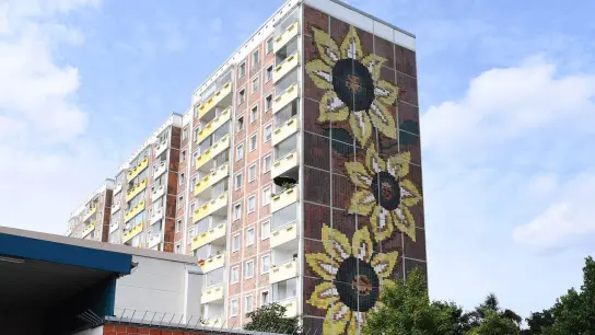 Das Sonnenblumenhaus im Rostocker Stadtteil Lichtenhagen. (Foto: Stefan Sauer/dpa-Zentralbild/dpa)
