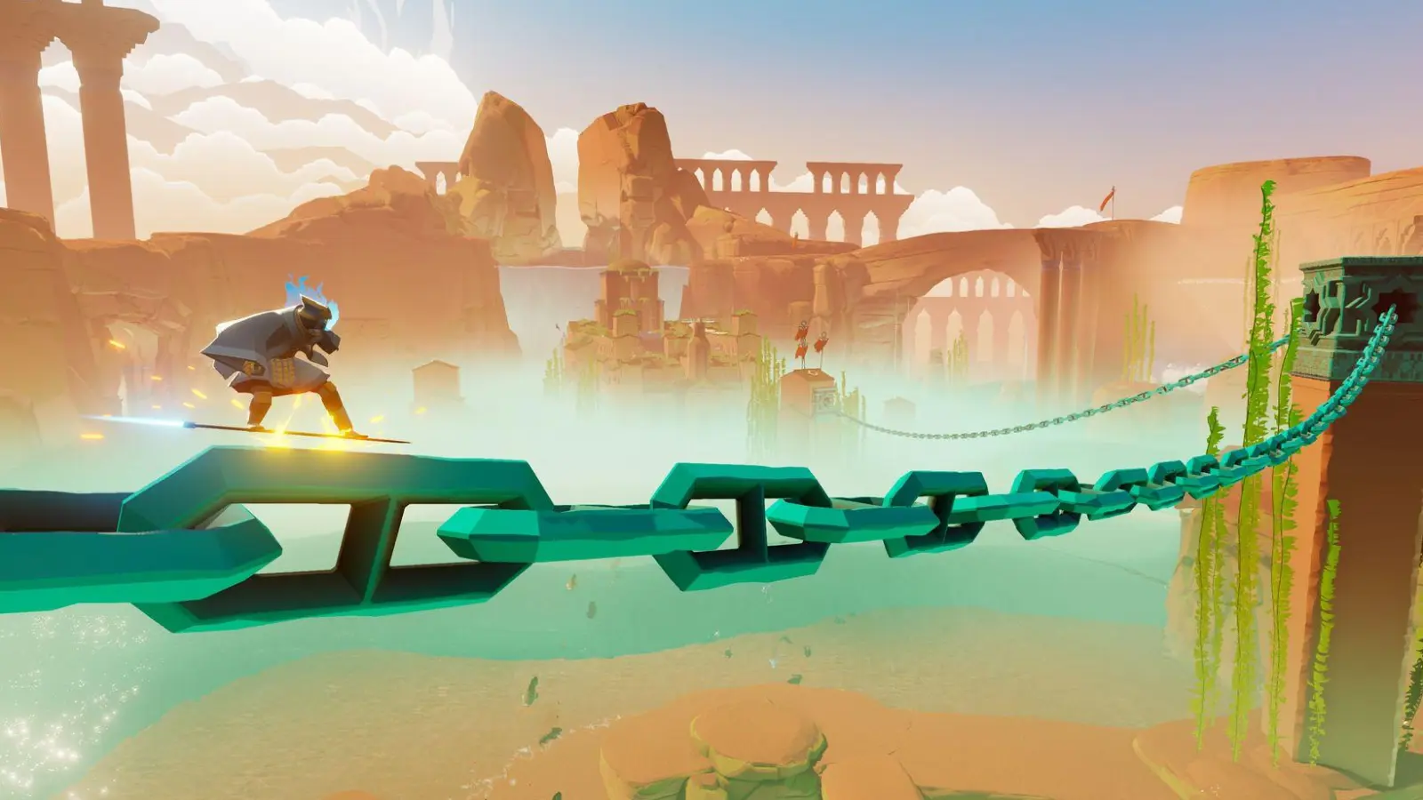 Auf einem Schwert surfen wir durch traumähnliche Landschaften. (Foto: Giant Squid Studios/dpa-tmn)