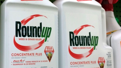 Das Unkrautvernichtungsmittel Roundup enthält Glyphosat. Dieser Wirkstoff wurde jetzt auf einer Streuobstwiese in Dinkelsbühl nachgewiesen. Rund 40 Bäumchen sind dort eingegangen.  (Symbolbild: Reed Saxon/AP/dpa)