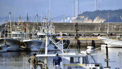 Fischerboote im Hafen von Namie vor dem Hintergrund des havarierten Kernkraftwerks Fukushima Daiichi. (Foto: Uncredited/kyodo/dpa)