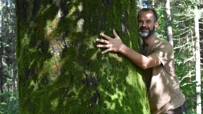 Der ausgebildete Waldgesundheitstrainer Armin Nögel beim Waldbaden. Dahinter steckt viel mehr als nur das Umarmen seines Lieblingsbaums. (Foto: Ute Niephaus)