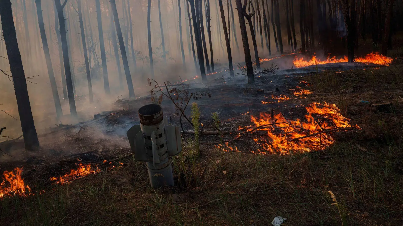 Abgebrannte Wälder, dazu Abgase von Militärfahrzeugen: Auch für das Klima ist der russische Angriffskrieg gegen die Ukraine eine Katastrophe. (Symbolbild) (Foto: Evgeniy Maloletka/AP/dpa)