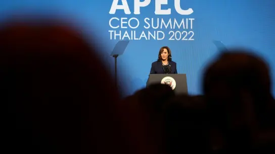 US-Vizepräsidentin Kamala Harris spricht bei einer Pressekonferenz im Rahmen des Apec-Gipfels. (Foto: Jack Taylor/AFP/AP/dpa)