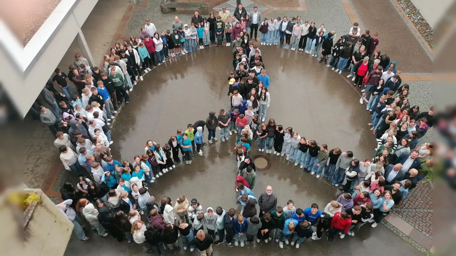 Im Pausenhof formierte sich die Schulfamilie zum Logo „Schule ohne Rassismus – Schule mit Courage“. (Foto: Friedrich Zinnecker)