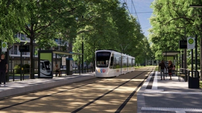 Eine Visualisierung des Zweckverbands Stadt-Umland-Bahn (StUB) zeigt die Haltestelle Gebbertstraße in Richtung der Erlanger Innenstadt. (Foto: Claus Hirche/ZV StUB/dpa)