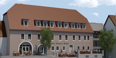 So soll die ehemalige Brauerei Hellein in der Merkendorfer Altstadt einmal aussehen, wenn der Umbau fertig ist. Die Arbeiten werden sich mindestens bis 2028 hinziehen. (Visualisierung: Hochreiter und Lechner)