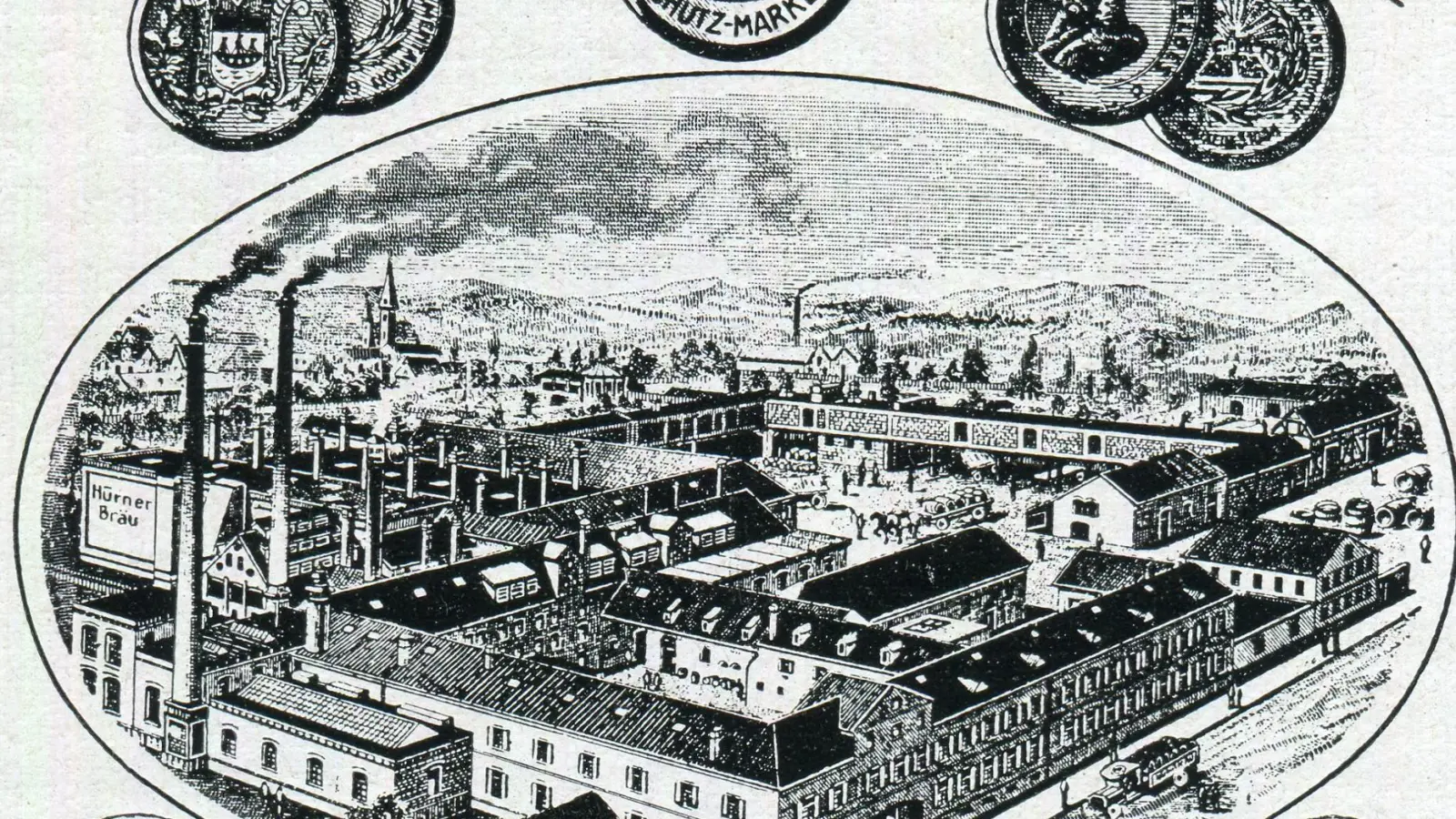 Diese Zeichnung aus einer Anzeige zeigt eine historische Ansicht der Hürner-Brauerei, damals die größte und modernste Brauerei Ansbachs. (Repro: Alexander Biernoth)