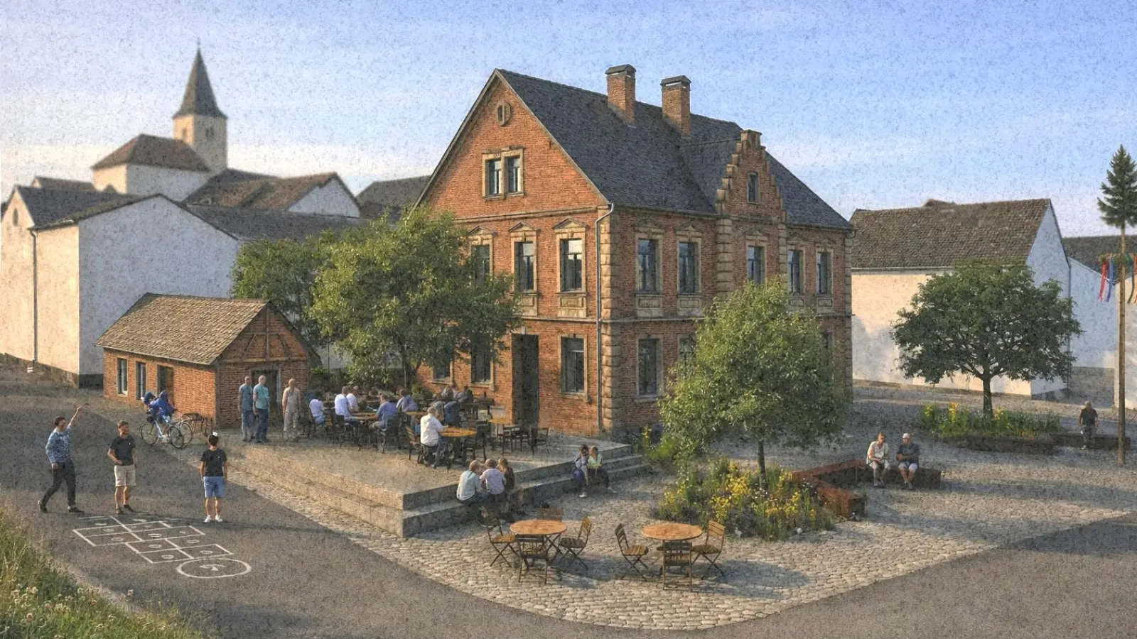 Tische, Stühle und eine Sitztreppe neben und vor dem Dornberger-Haus laden auf diesem Entwurf von Lena Grüdl die Menschen im Dorf ein.  (Foto: Lena Grüdl)